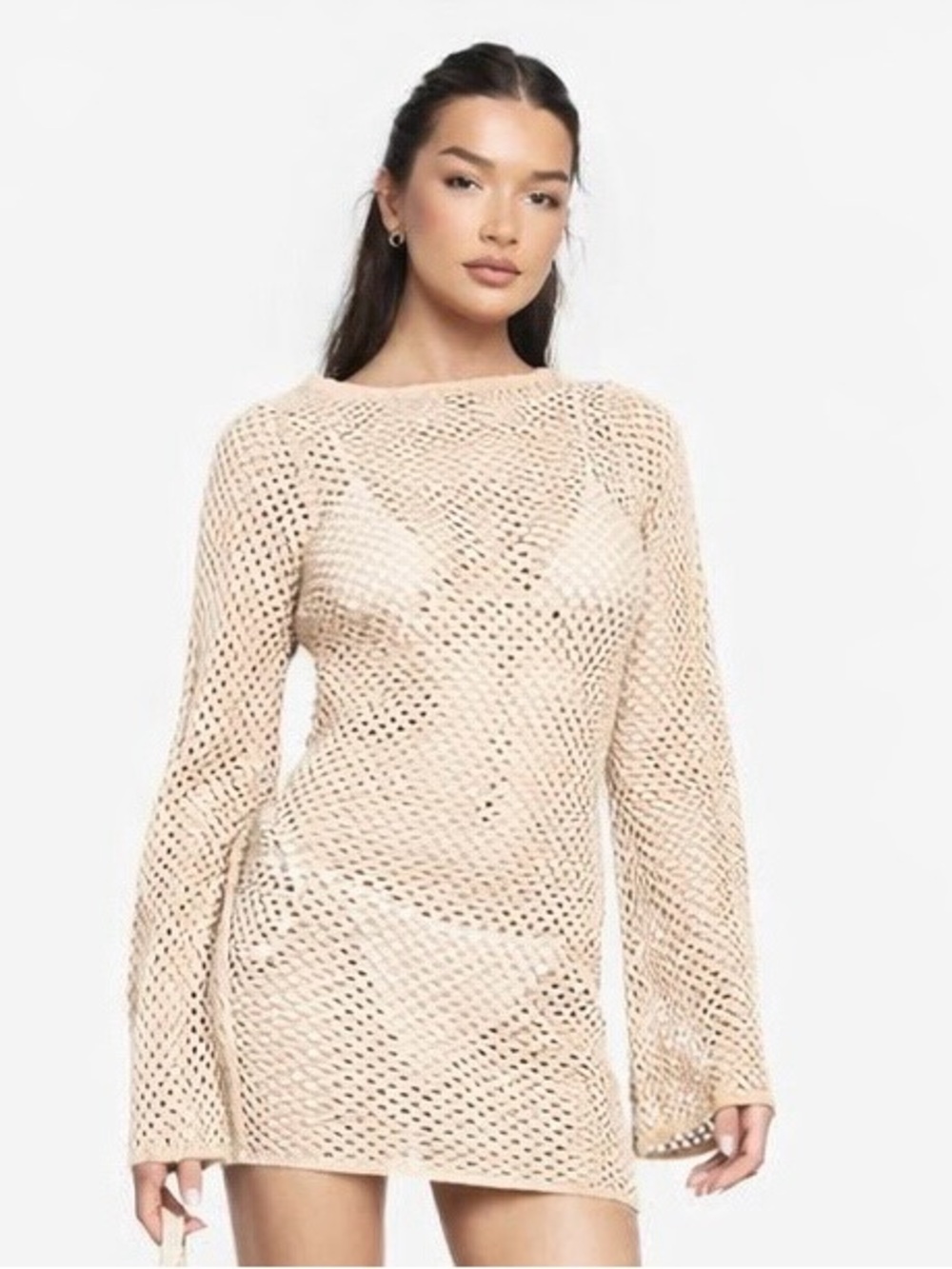 NASTY GAL-Crochet Mini Dress/Cover-Up~Cream-Size S (4) Minimalist Festival Vibe